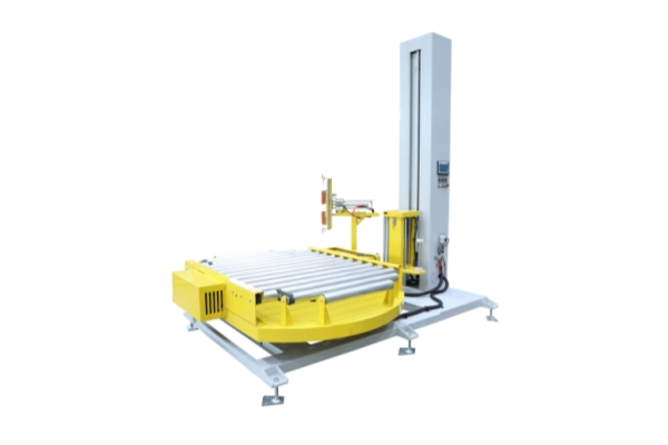 Rotary support on line wrapping machine